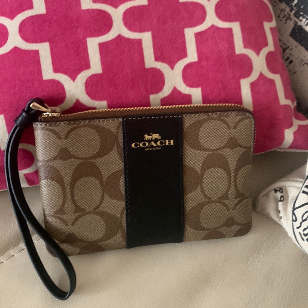 Brown monogram Coach wallet pouch zipper Corner Zip Wristlet In Signature Canvas